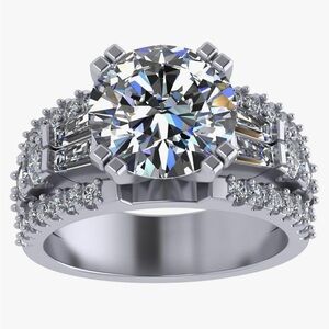 NWT-925 Sterling Silver 3CT Round Cut & Baguette Moissanite Diamond Ring 5CTTW